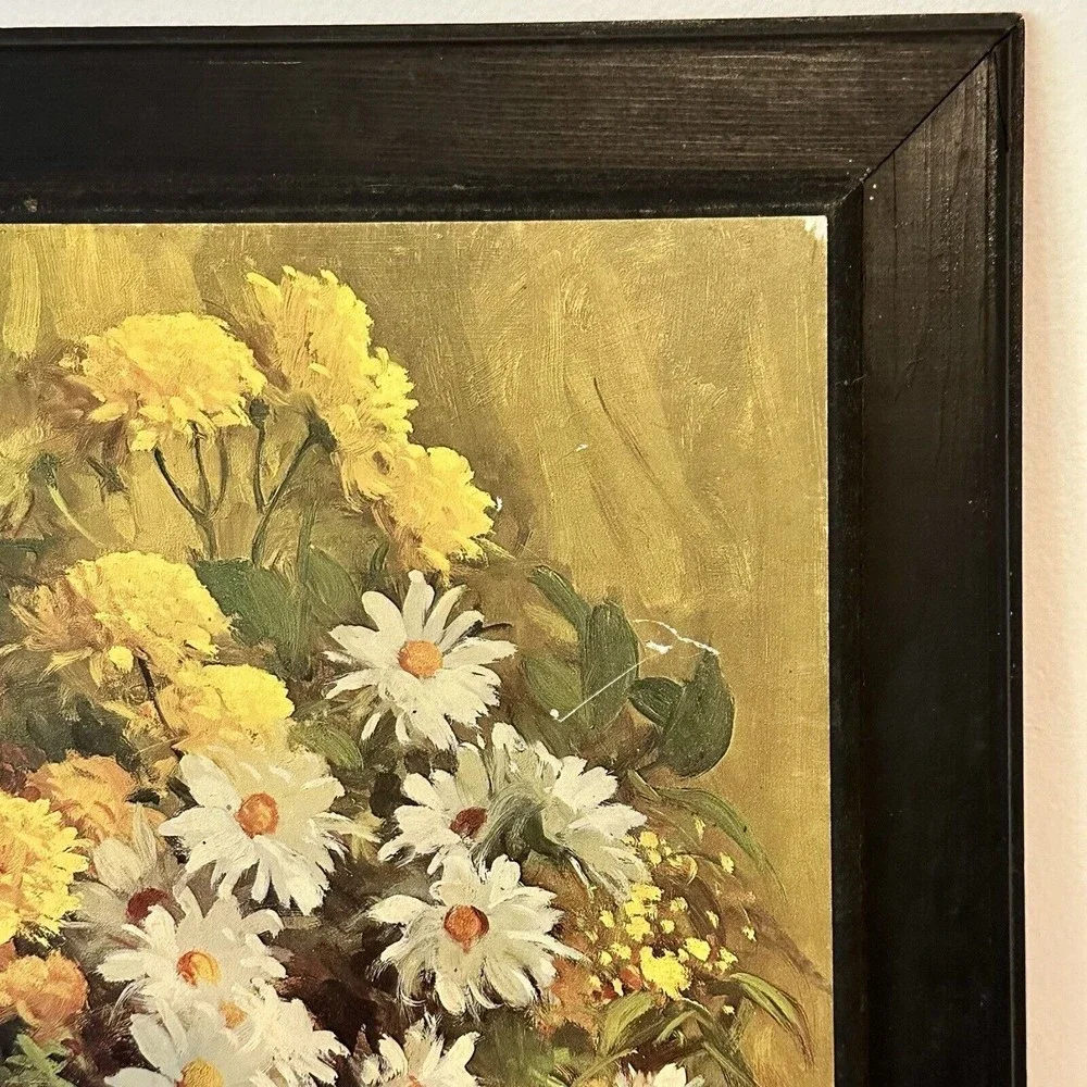 Vtg Floral Print On Wood 70’s Retro DAC N.Y. 1968 Daisies Yellow‎ White R. Calao